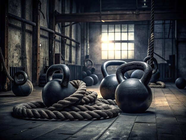 kettlebells and ropes set up in an empty gym by fred peralta for stocksy united