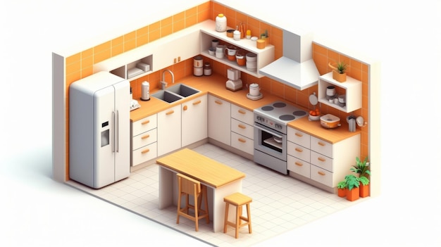 Keuken d render of kamerontwerp meubels voor het koken d model of interieurconcept en keukengerei in