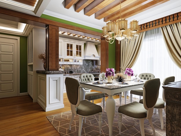 Keuken en eetkamer in Arabische stijl met witte meubels en groene muren en houten beslag