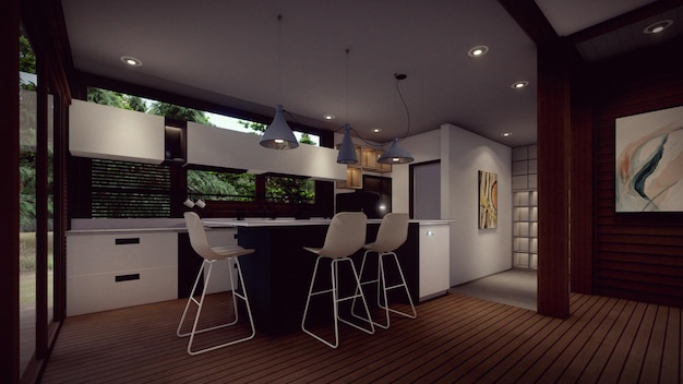 keuken idee van houten huis 3D-rendering