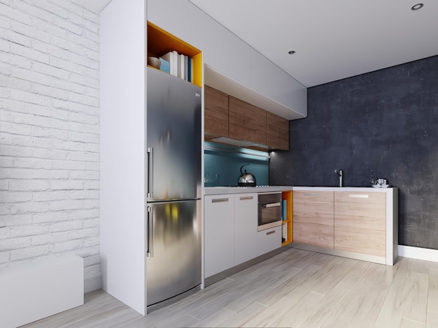 Keuken in blauwe en witte kleur met een eettafel, eigentijdse stijl. 3D-weergave.