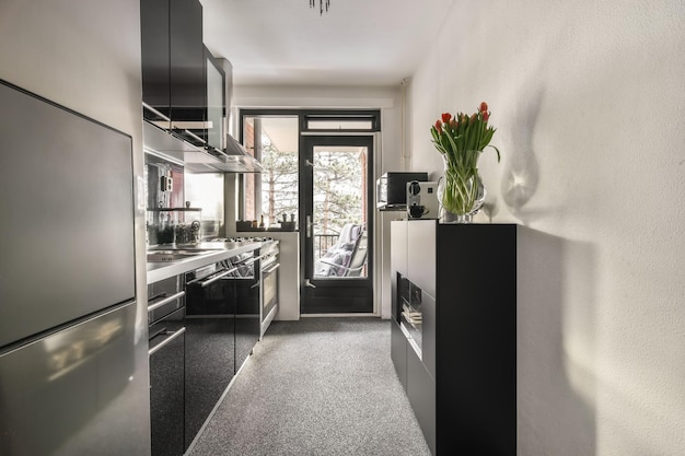 Keuken in donkere kleuren met moderne apparatuur en tapijt op de vloer in een gezellig huis
