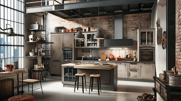 Keuken in loft stijl appartement met witte meubels Generatieve Ai