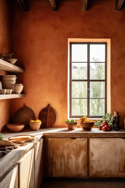 Keuken in mediterrane stijl met terracotta muur en traditioneel aardewerk ai generatief