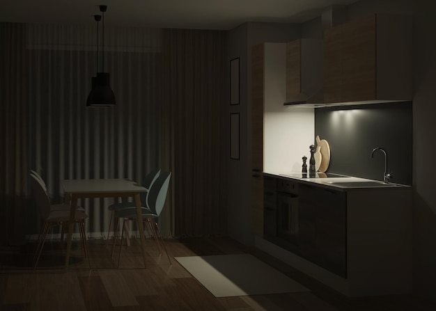 Keuken interieur in een moderne stijl. Nacht. Avond verlichting. 3D-weergave.