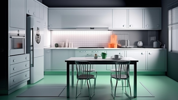 Keuken interieurontwerp meubels in kleuren stijlen lichte achtergrond Architectonische oplossingen voor gebouwen gegenereerd door AI