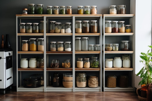 Keuken met een georganiseerde en stijlvolle pantry met glazen jerry cans en metalen containers ai generatieve