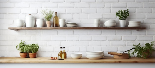 Keuken met witte bakstenen muur en houten planken