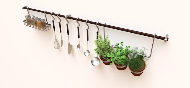 Keukengerei, droge bulk en levende kruiden in potten hangen aan de muur. 3D-weergave.