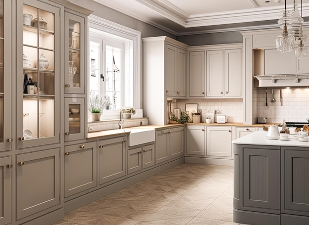 Keukeninrichting modern landelijk interieur klassiek Engels in frame keukenkasten aanrecht en applience in een landhuis elegante cottage-stijl generatieve ai
