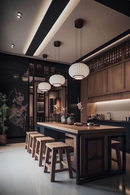 Keukeninterieur in Chinese stijl in een luxe huis