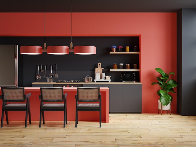 Keukeninterieur in moderne stijl met rode en zwarte muur 3D-weergave
