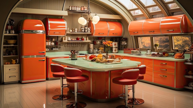 Keukeninterieurproject in oranje kleuren in de stijl van de jaren 60, hoogwaardig digitaal voor ontwerpproject