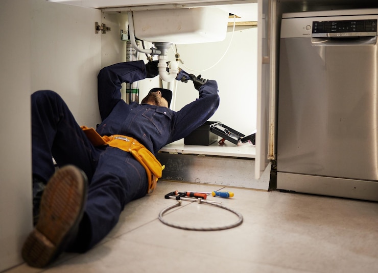 Foto keukenonderhoud en -renovatie met een loodgieter op de vloer van een huis om een lekprobleem of probleem op te lossen sanitairreparatie en gereedschap met een klusjesman of aannemer die aan een pijpleiding in een huis werkt
