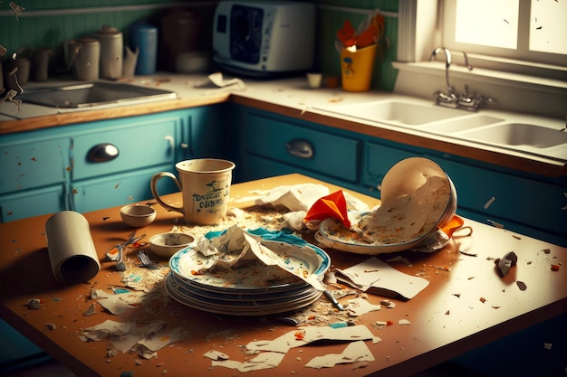 Keukenpuinhoop van gescheurd papier bevlekte tafel en vuile vaat