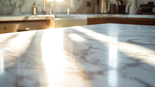 Keukentafel lege marmeren tafel en zonlicht Generatieve AI