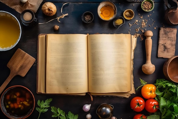 Keukentafel met ingrediënten keukengerei en open kookboek bovenaanzicht