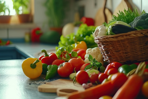 Keukentafel met verschillende verse groenten en fruit voor gezond en dieet eten met ruimte voor uw product of tekst