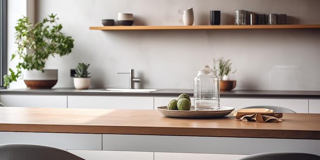 Keukentafel voor productvertoning met vaag modern interieur