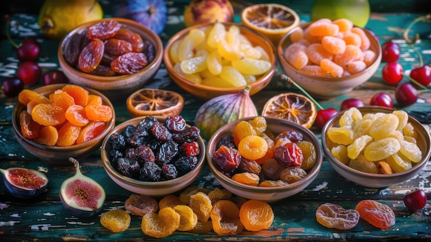 Keuze van gedroogde vruchten en fruitmengsels op houten tafel voor snacks