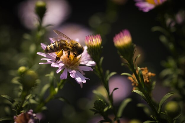 kever met doorzichtige vleugels op een zonnige dag op kleine paarse bloemen