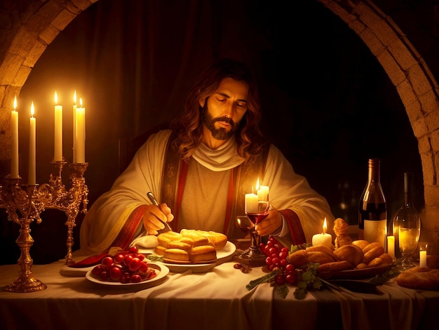 写真 イエス・キリストの人生の重要な出来事 イエスは椅子に座っています ろうそくの光