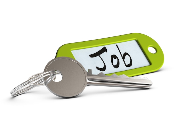 Key and green keyring where it is written the word job over white background