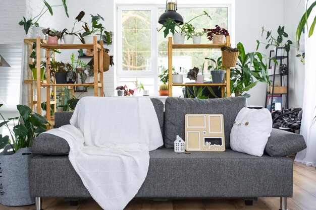 Photo key to home with keychain and mock up frame miniature of house on gray sofa in white interior with potted plants design project moving to new house mortgage rent and purchase real estate