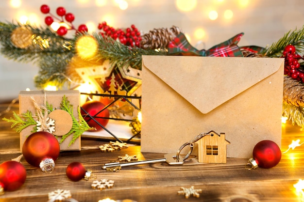 크리스마스 장식이 있는 테이블에 키체인이 있는 집 열쇠. 새해, 크리스마스를 위한 선물. 건물, 디자인, 프로젝트, 새 집으로 이사, 모기지, 부동산 임대 및 구매. 복사 공간