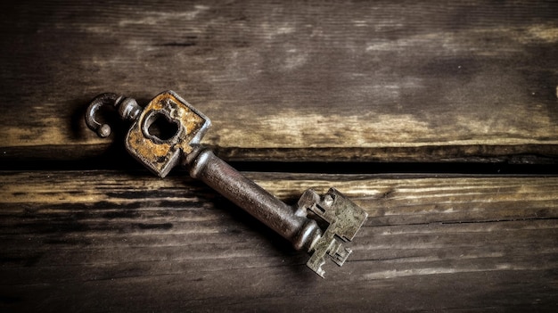 A key is laying on a wooden surface.