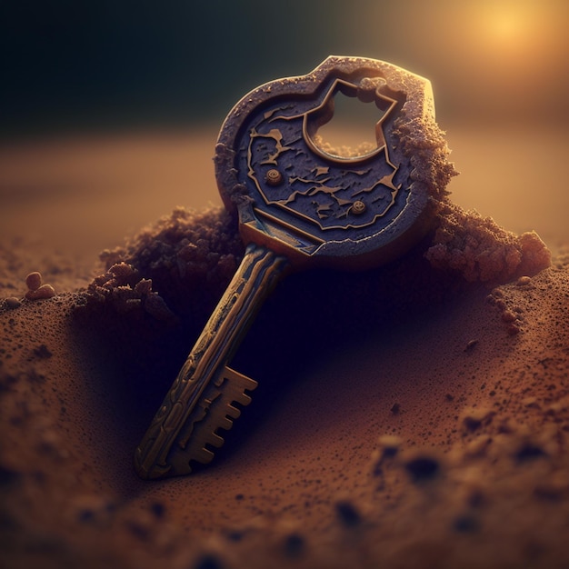 A key is in the sand with the sun shining on it.