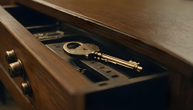 The key in the keyhole of the desk drawer