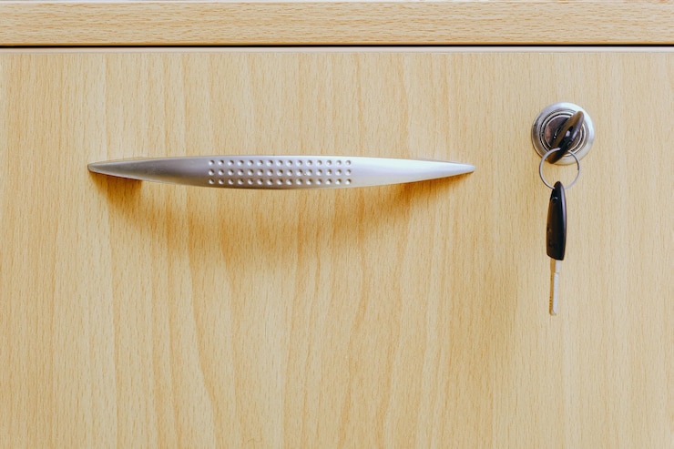 Photo a key stuck in the lock of an office cabinet protection of personal data concept