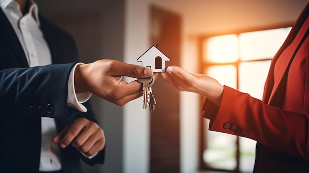 Key to Success Real Estate Agent Giving Key to Business Woman