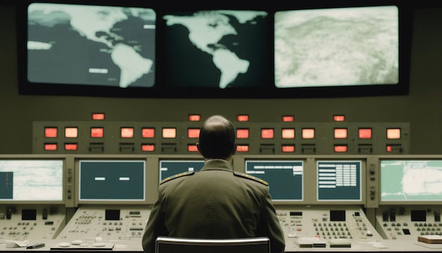 Photo the key to victory military officer working at a war room control panel generative ai