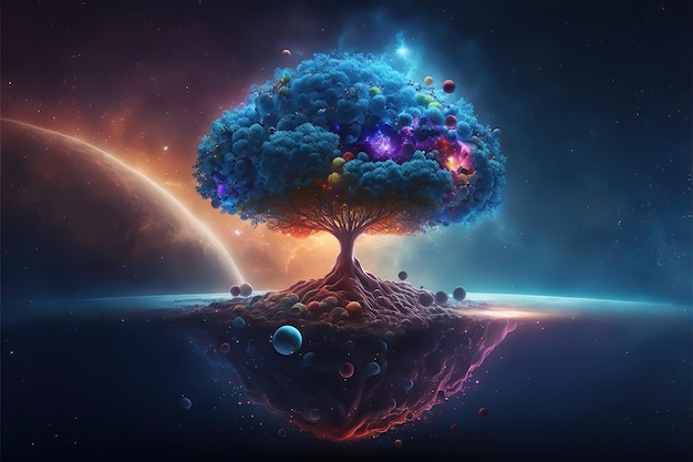 Key visual of colorful tree of life in front of a galaxy, universe, crystals and nebulae, supernova,