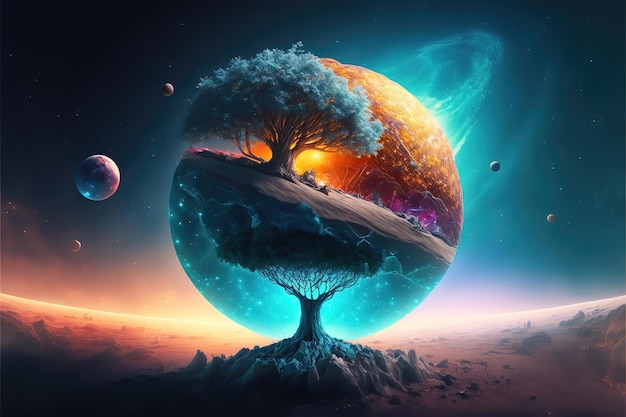 Key visual of colorful tree of life in front of a galaxy, universe, crystals and nebulae, supernova,