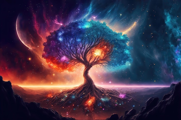 Key visual of colorful tree of life in front of a galaxy, universe, crystals and nebulae, supernova,