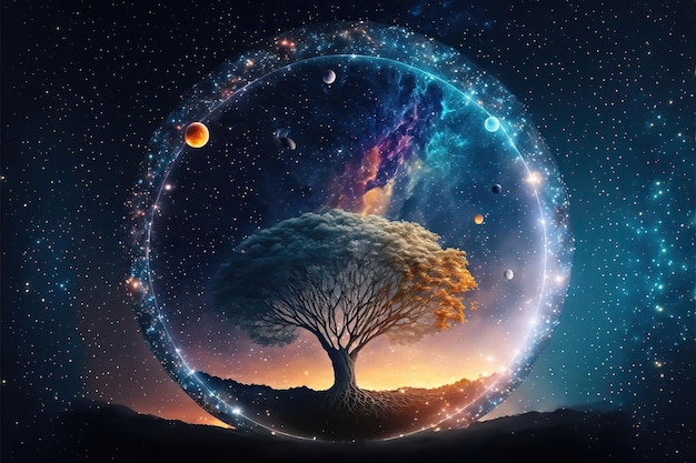 Key visual of colorful tree of life in front of a galaxy, universe, crystals and nebulae, supernova,