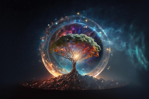 Key visual of colorful tree of life in front of a galaxy, universe, crystals and nebulae, supernova,