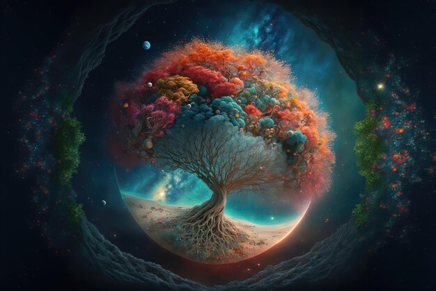 Key visual van kleurrijke boom des levens voor een sterrenstelsel, universum, kristallen en nevels, supernova,