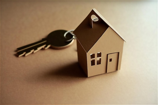 Key with house shaped keychain concept for buying a new home renting relocation services