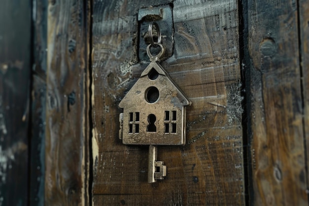 Key with keychain in a house shape in the door keyhole Buy new home concept Real estate market