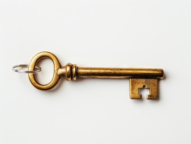 A key with a metal chain on a white background