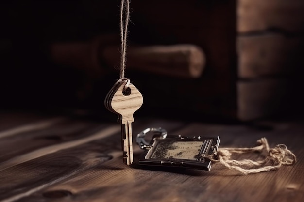 写真 木製のテーブルの上に家の形をした装身具の鍵