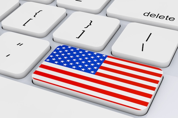 Ключ с флагом США на белой клавиатуре ПК крайнем крупном плане. 3d рендеринг