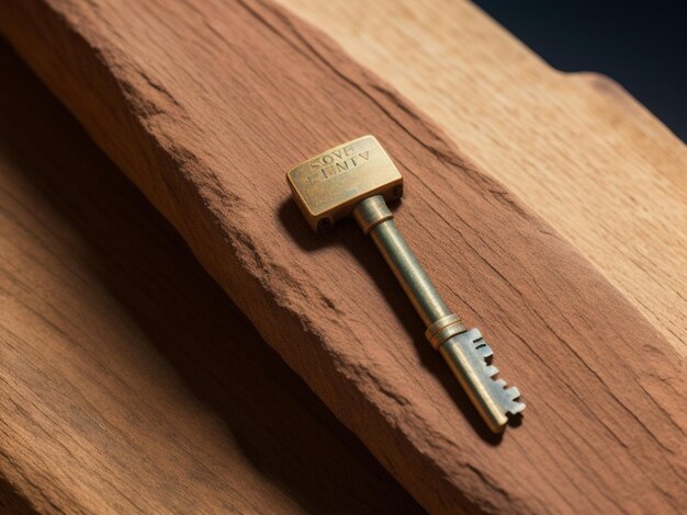 A key on a wooden surface with the word oak on it