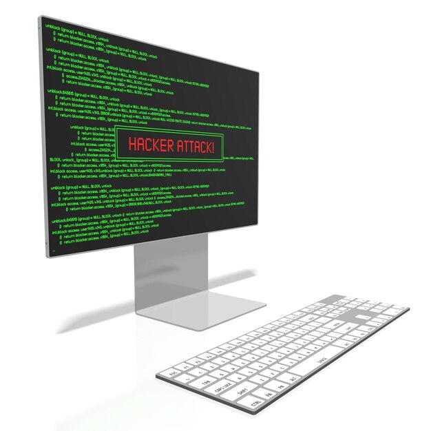 Keyboard and computer monitor with green application code on w screen hacker attack concept