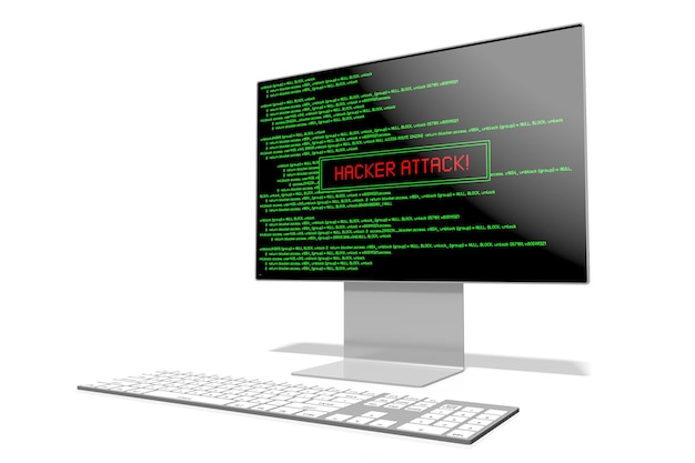 w 画面ハッカー攻撃の概念に緑のアプリケーション コードとキーボードとコンピューターのモニター