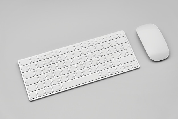 Photo keyboard and computer mouse isolated on a light gray background